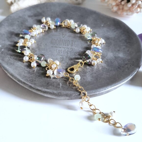 Charms Beaded Bracelet, Blue Mint Green Teardrop Crystals & Pearls Gold Jewelry - Picture 10 of 11
